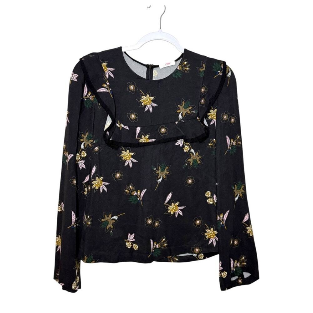 ALC Annaleigh Ruffel Floral Yoke Blouse‎ Women M Black Preppy Long Sleeve Silk